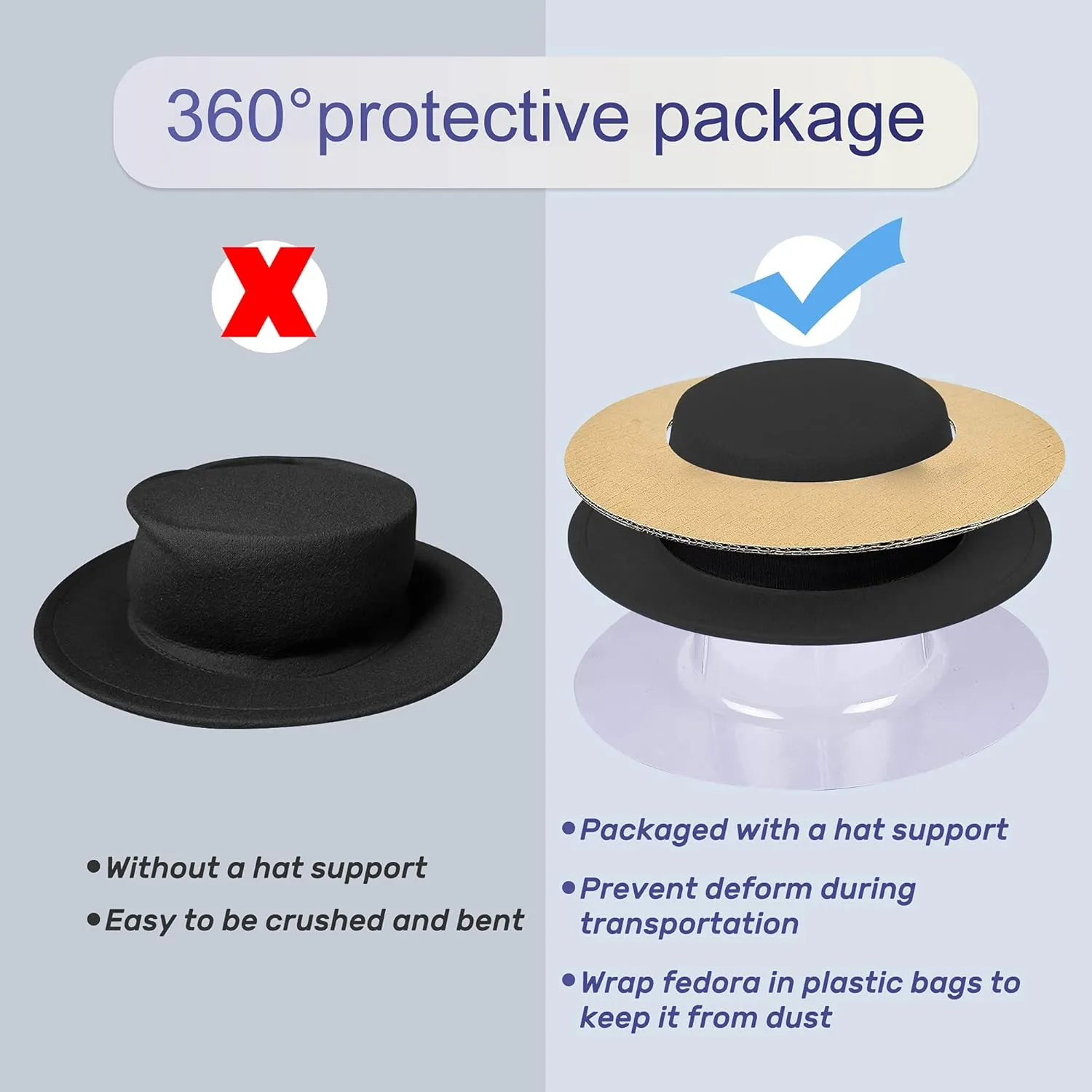 Classic Fedora Hat Flat Top Hat Felt Pork Pie Hat Wide Brim Church Derby Cap for Women and Men