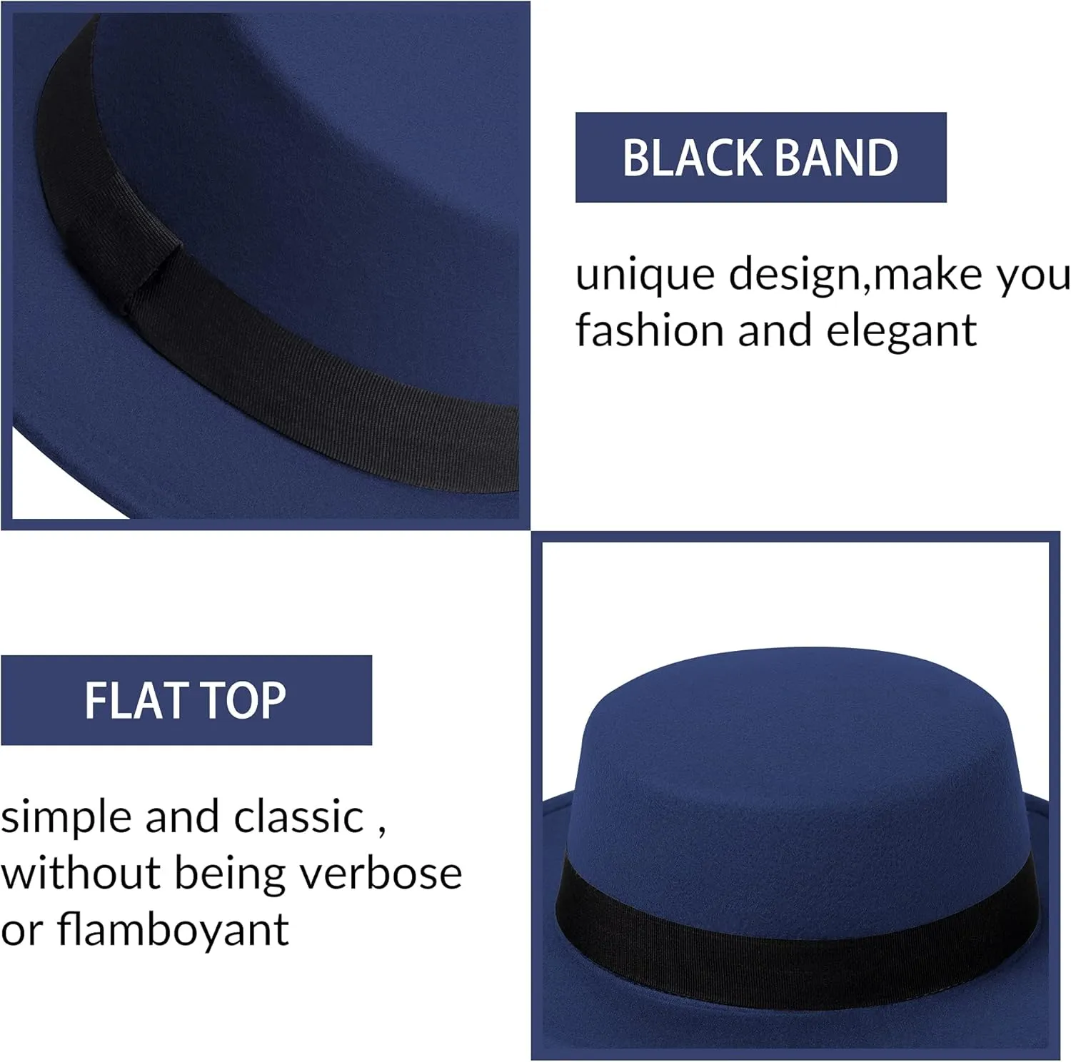 Classic Fedora Hat Flat Top Hat Felt Pork Pie Hat Wide Brim Church Derby Cap for Women and Men