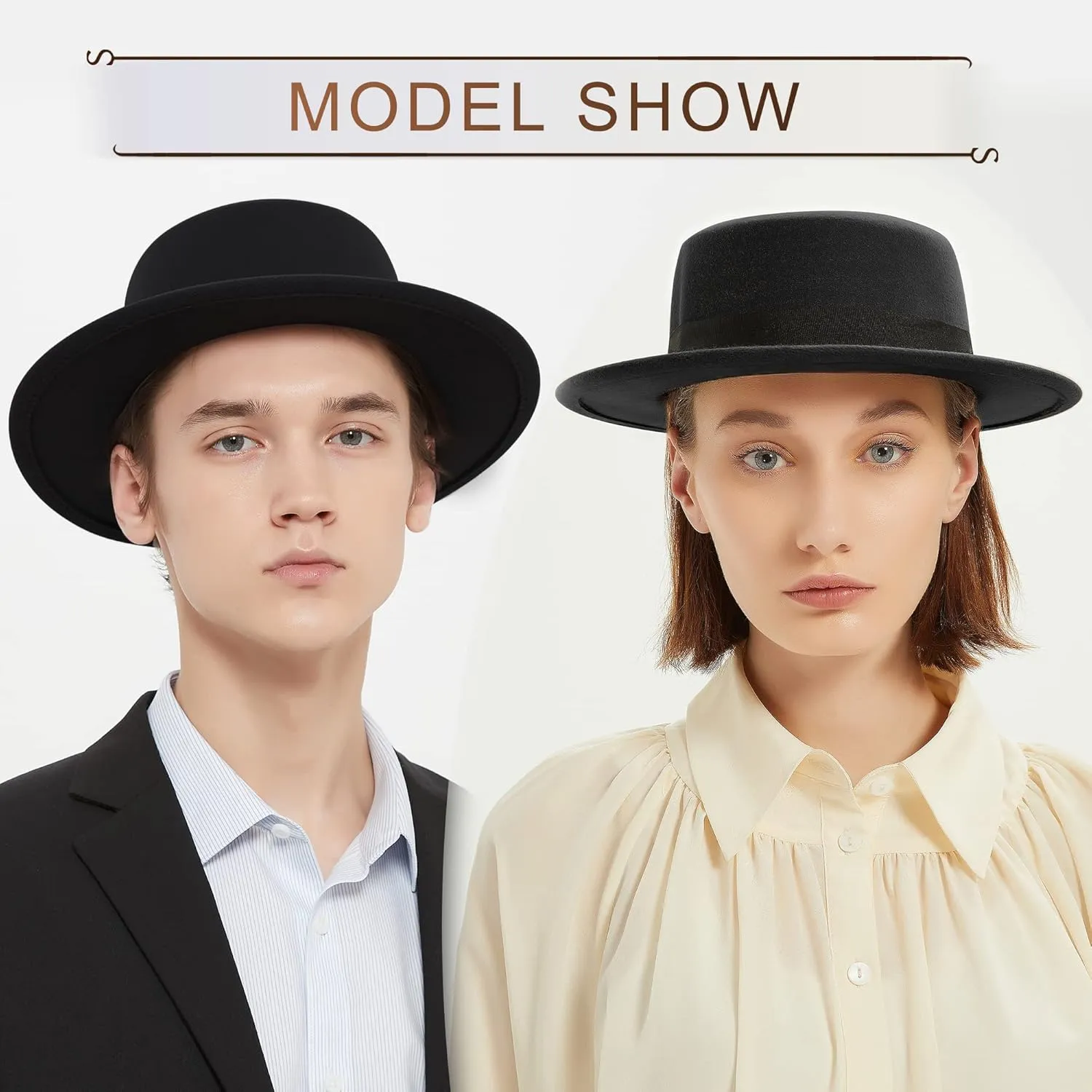 Classic Fedora Hat Flat Top Hat Felt Pork Pie Hat Wide Brim Church Derby Cap for Women and Men