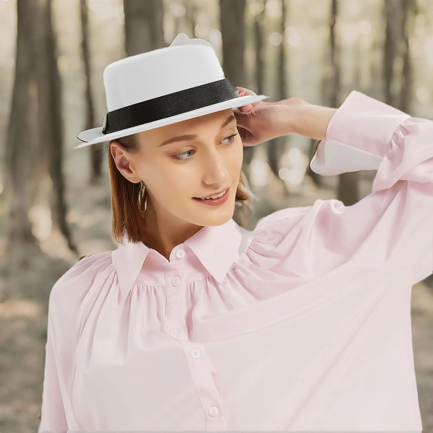 Classic Fedora Hat Flat Top Hat Felt Pork Pie Hat Wide Brim Church Derby Cap for Women and Men