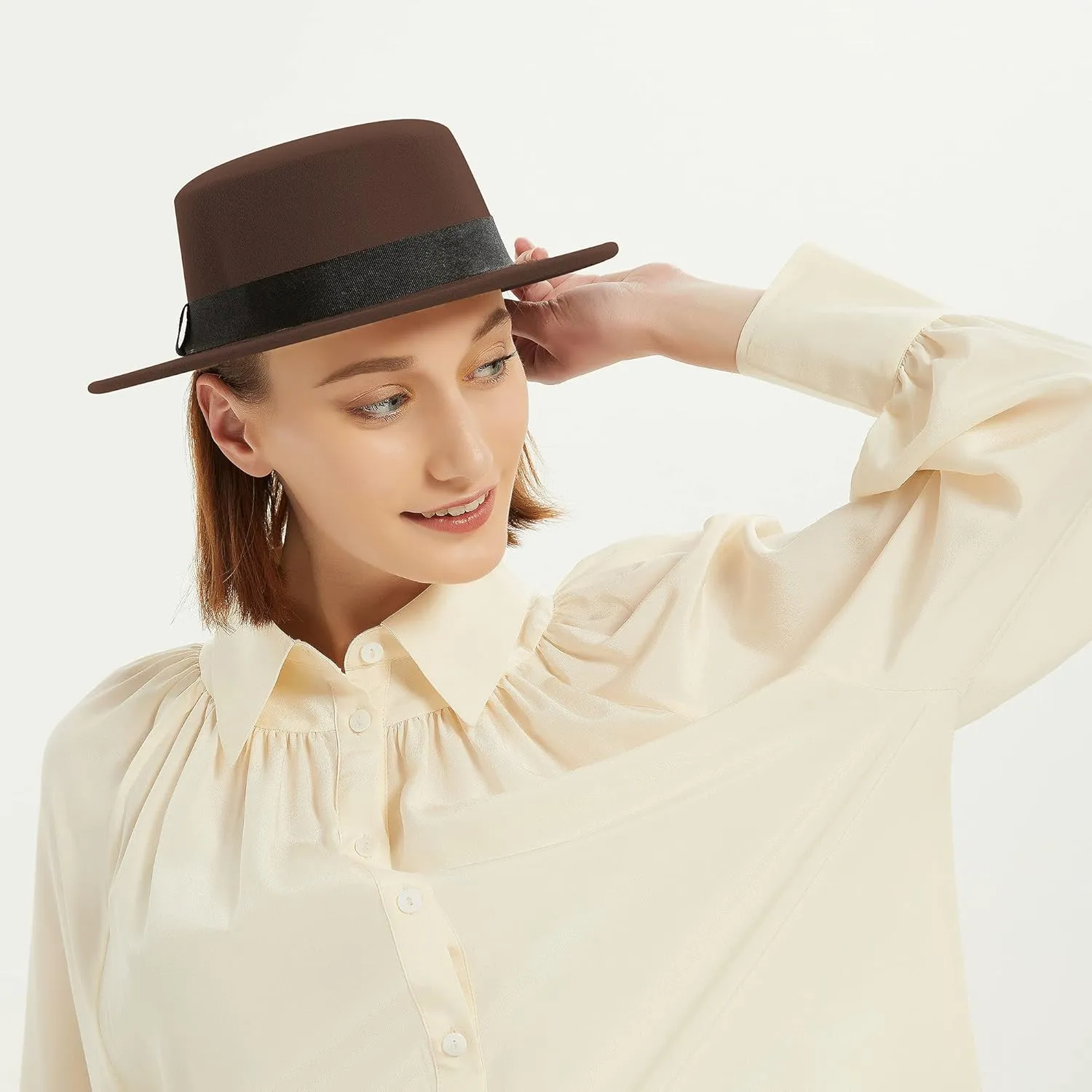 Classic Fedora Hat Flat Top Hat Felt Pork Pie Hat Wide Brim Church Derby Cap for Women and Men