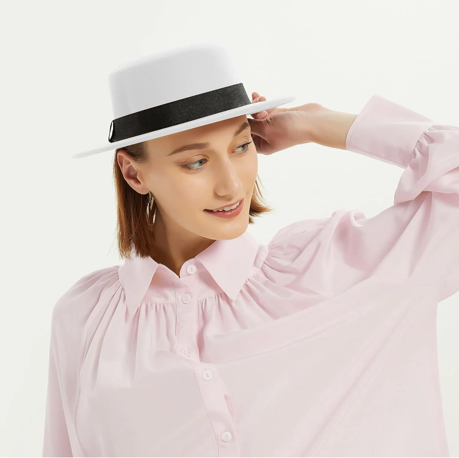 Classic Fedora Hat Flat Top Hat Felt Pork Pie Hat Wide Brim Church Derby Cap for Women and Men