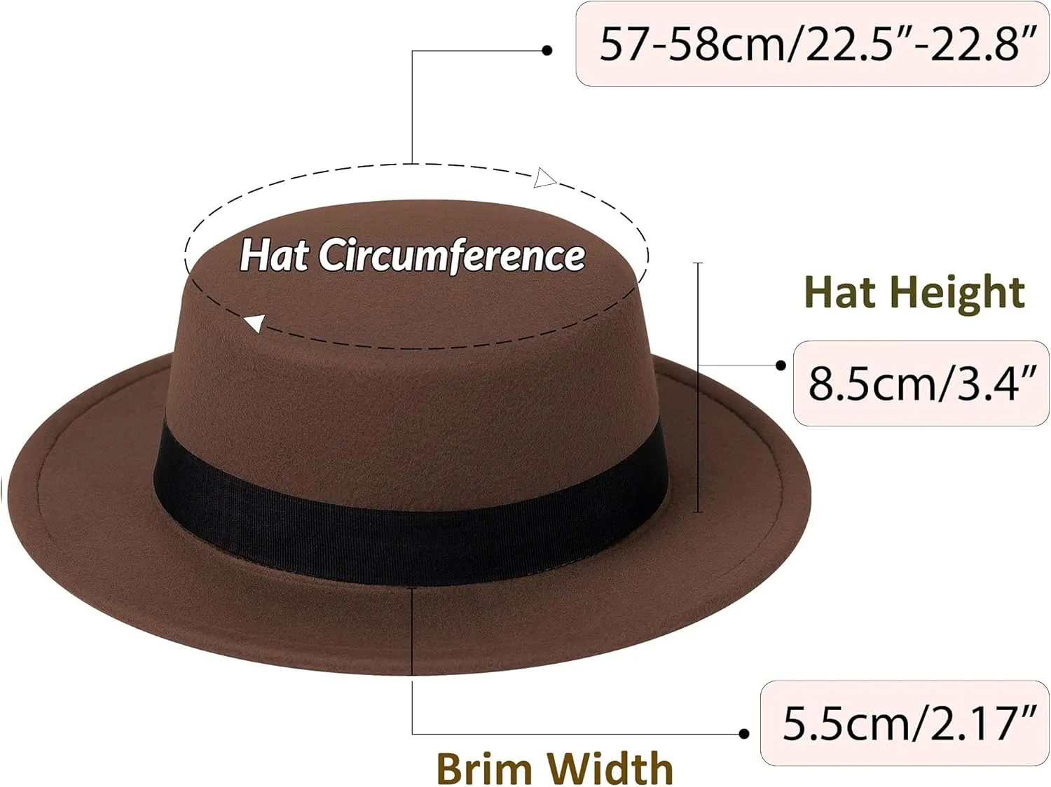 Classic Fedora Hat Flat Top Hat Felt Pork Pie Hat Wide Brim Church Derby Cap for Women and Men
