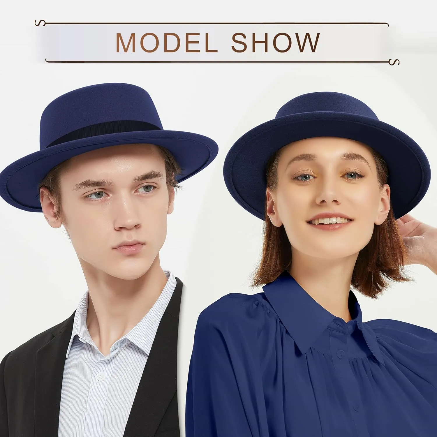 Classic Fedora Hat Flat Top Hat Felt Pork Pie Hat Wide Brim Church Derby Cap for Women and Men