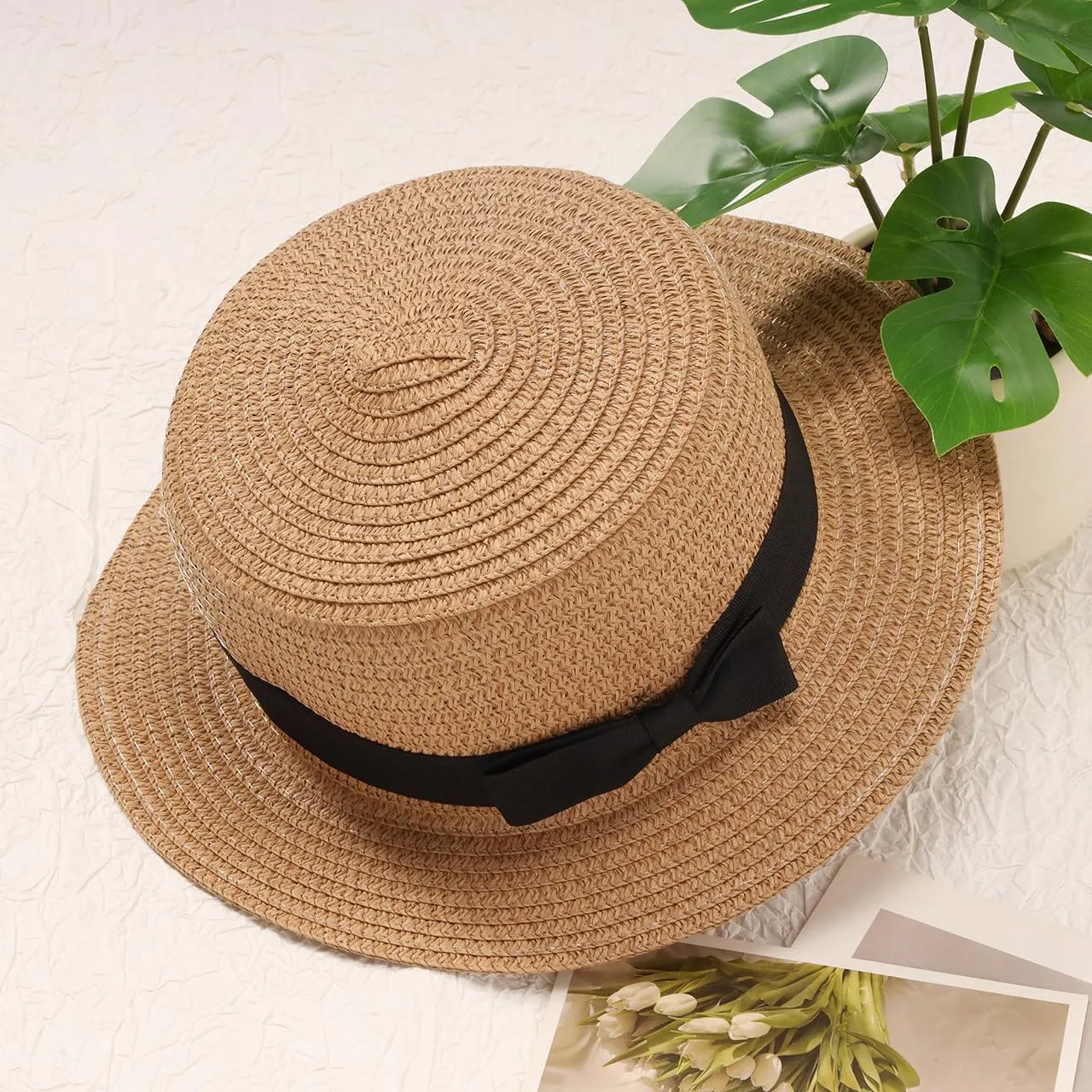 Classic Straw Boater Hat, Skimmer Hat, Flat top Boater hat, Casual Party Church Hat for Men Women