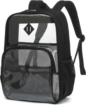 Clear Backpack Heavy Duty for School & College - Waterproof PVC & Oxford Fabric 2-in-1 Design, Reinforced Shoulder Straps, Clear Bookbag for Girls, Women and Men (Black)