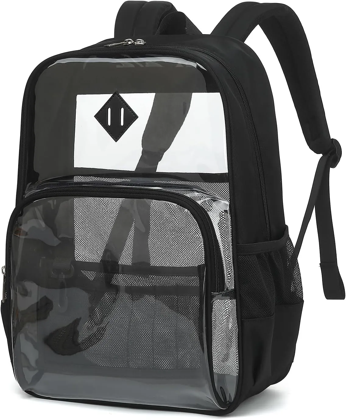 Clear Backpack Heavy Duty for School & College - Waterproof PVC & Oxford Fabric 2-in-1 Design, Reinforced Shoulder Straps, Clear Bookbag for Girls, Women and Men (Black)