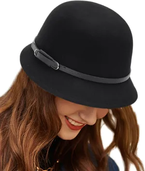 Cloche Wool Hats for Women Short Brim Vintage 1920s Style Black Bucket Derby Hat