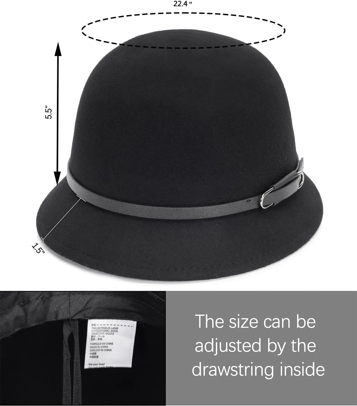 Cloche Wool Hats for Women Short Brim Vintage 1920s Style Black Bucket Derby Hat