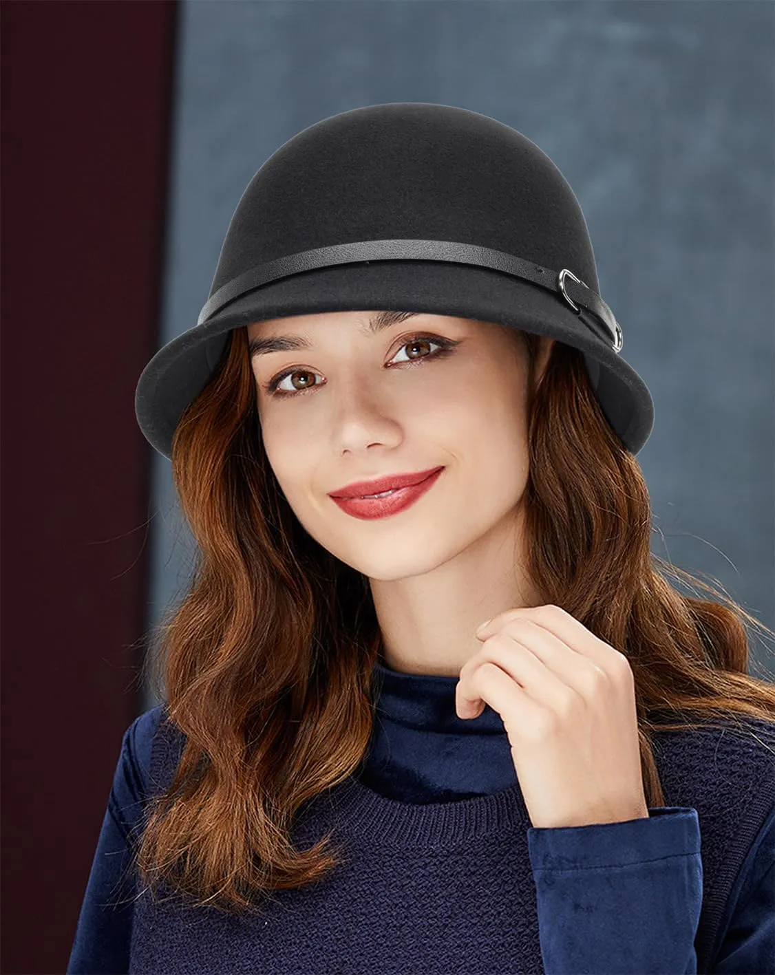 Cloche Wool Hats for Women Short Brim Vintage 1920s Style Black Bucket Derby Hat