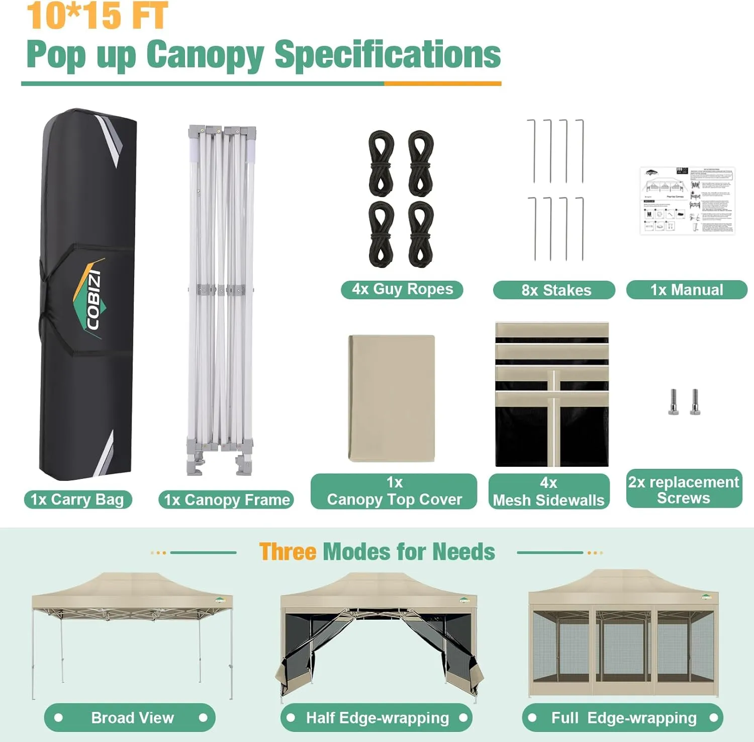 COBIZI 10x15 Canopy Tent, Heavy Duty Pop up Canopy with Sidewalls, Waterproof Easy Setup Canopy with Mosquito Netting, Outdoor Instant Screen Tents for Parties, Wedding, Backyard with Carry Bag, Khaki