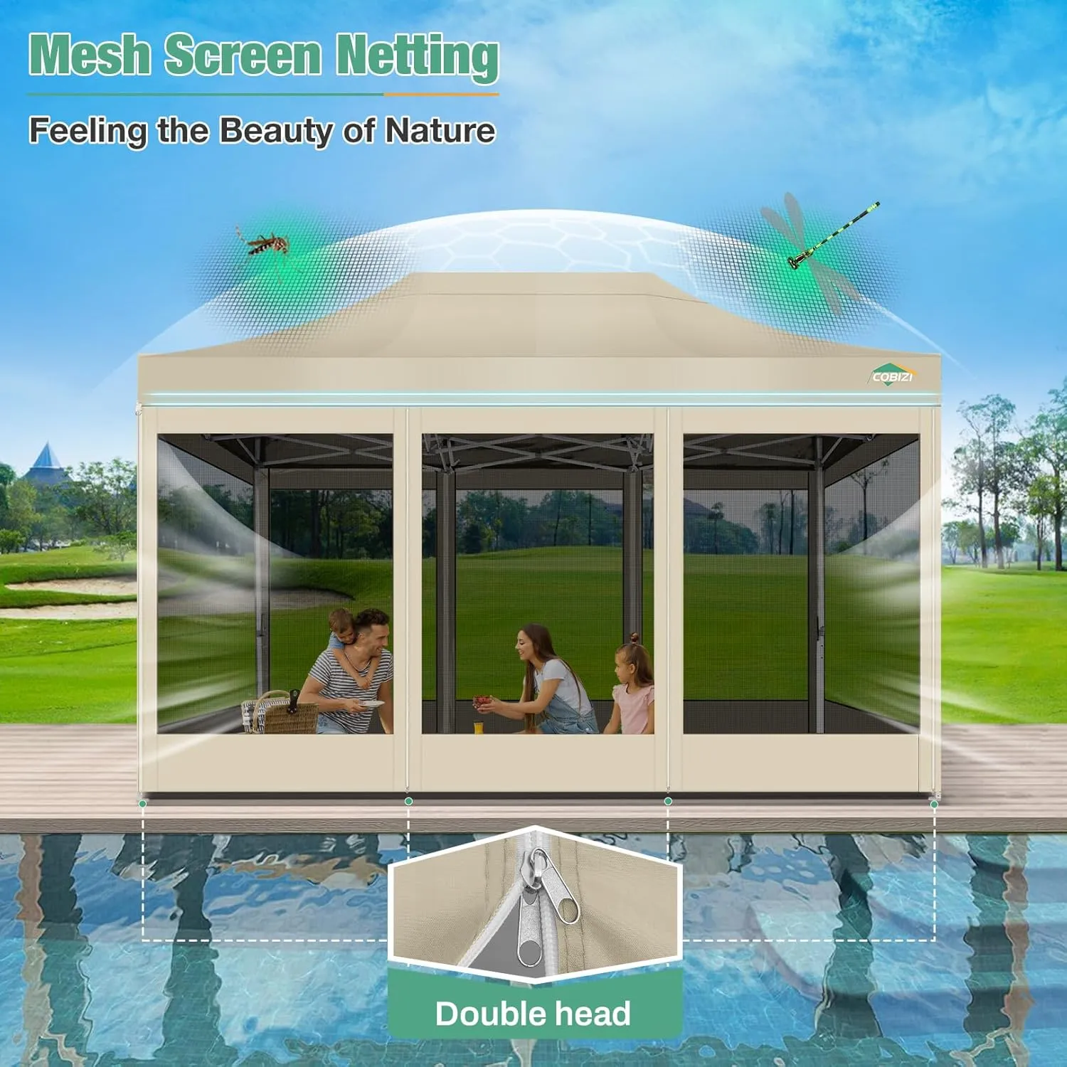 COBIZI 10x15 Canopy Tent, Heavy Duty Pop up Canopy with Sidewalls, Waterproof Easy Setup Canopy with Mosquito Netting, Outdoor Instant Screen Tents for Parties, Wedding, Backyard with Carry Bag, Khaki