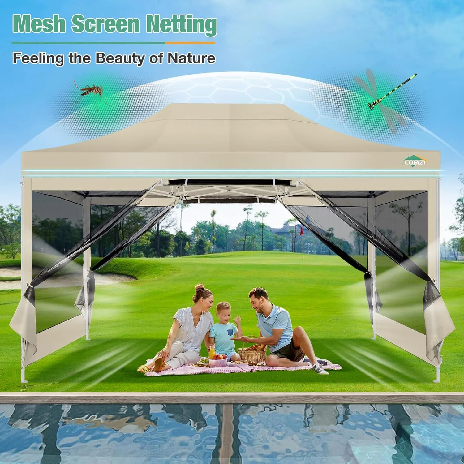COBIZI 10x15 Canopy Tent, Heavy Duty Pop up Canopy with Sidewalls, Waterproof Easy Setup Canopy with Mosquito Netting, Outdoor Instant Screen Tents for Parties, Wedding, Backyard with Carry Bag, Khaki