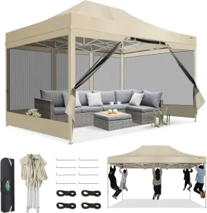 COBIZI 10x15 Canopy Tent, Heavy Duty Pop up Canopy with Sidewalls, Waterproof Easy Setup Canopy with Mosquito Netting, Outdoor Instant Screen Tents for Parties, Wedding, Backyard with Carry Bag, Khaki