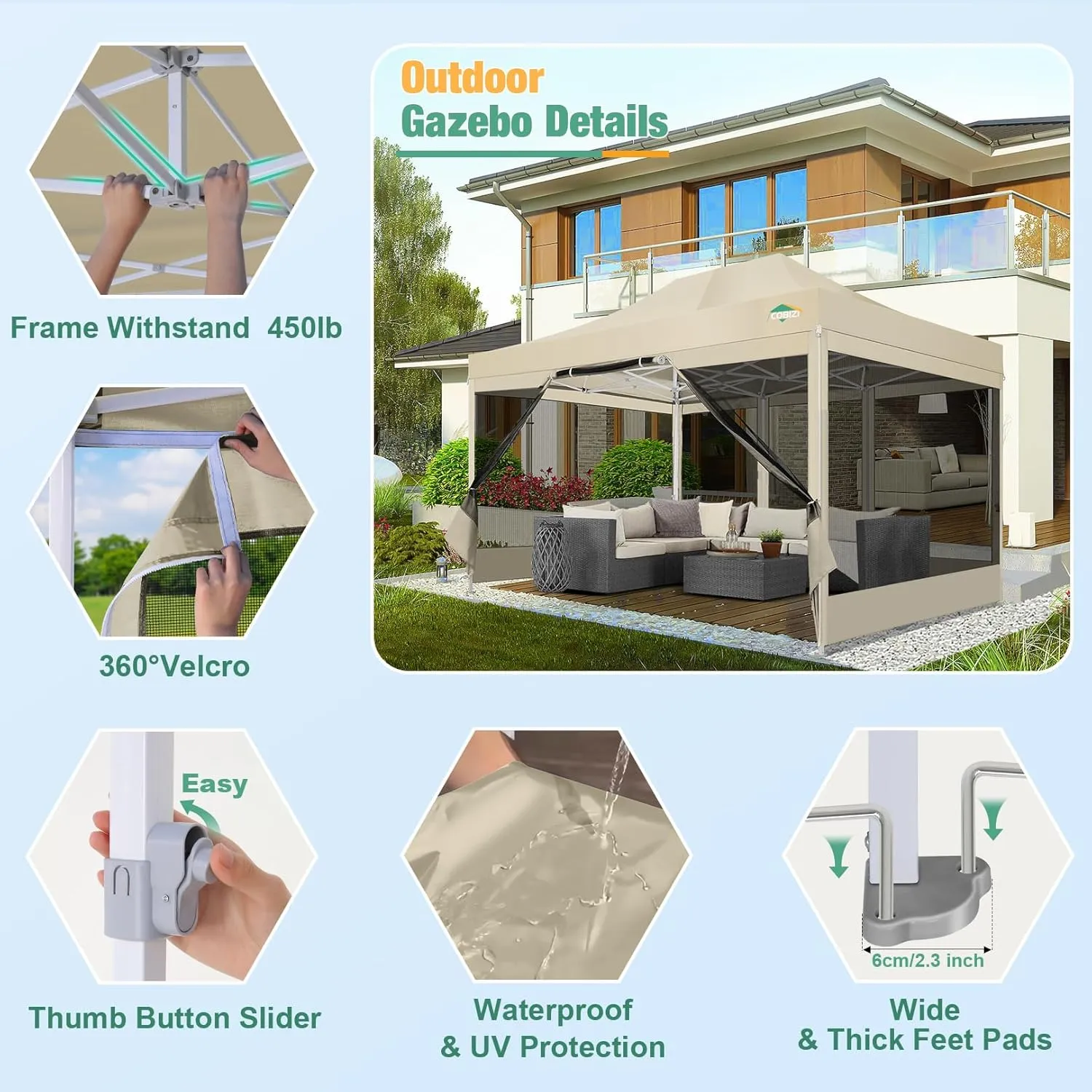 COBIZI 10x15 Canopy Tent, Heavy Duty Pop up Canopy with Sidewalls, Waterproof Easy Setup Canopy with Mosquito Netting, Outdoor Instant Screen Tents for Parties, Wedding, Backyard with Carry Bag, Khaki