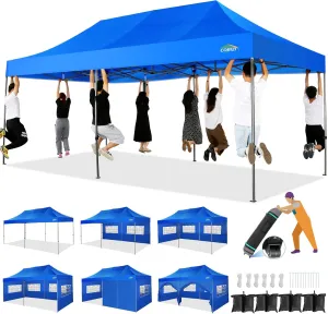 COBIZI 10x20 Heavy Duty Pop up Canopy Tent with 6 sidewalls Ez Up Commercial Outdoor Canopy Wedding Party Tents for Parties All Season Wind & Waterproof Gazebo with Roller Bag,Blue(Frame Thickened)