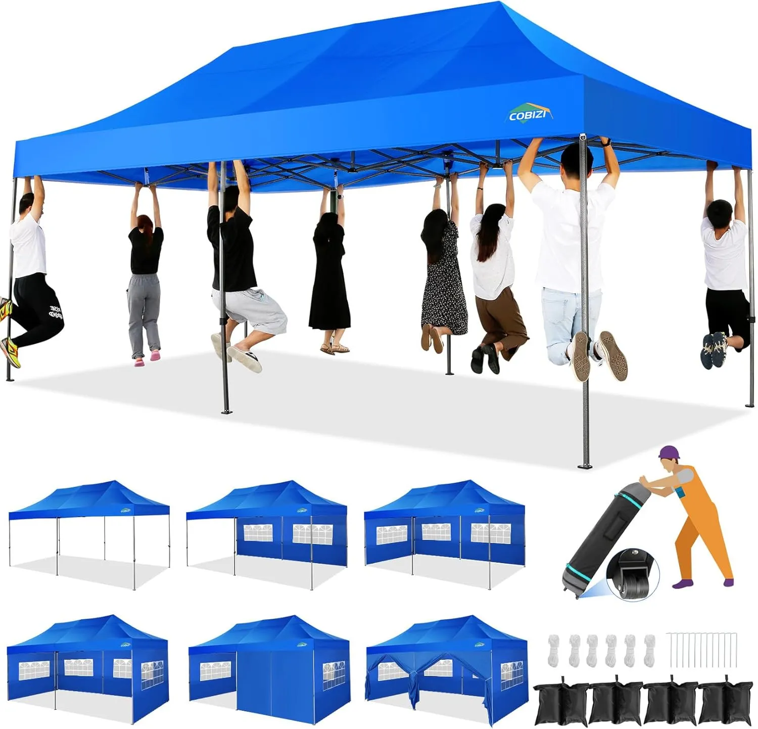 COBIZI 10x20 Heavy Duty Pop up Canopy Tent with 6 sidewalls Ez Up Commercial Outdoor Canopy Wedding Party Tents for Parties All Season Wind & Waterproof Gazebo with Roller Bag,Blue(Frame Thickened)