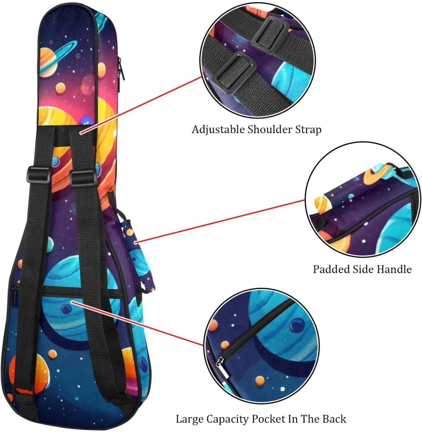 Colorful Planets Solar System Space with Stars Pattern Ukulele Case, Padded Bag for 23 Inch Concert Ukulele, Waterproof & Durable