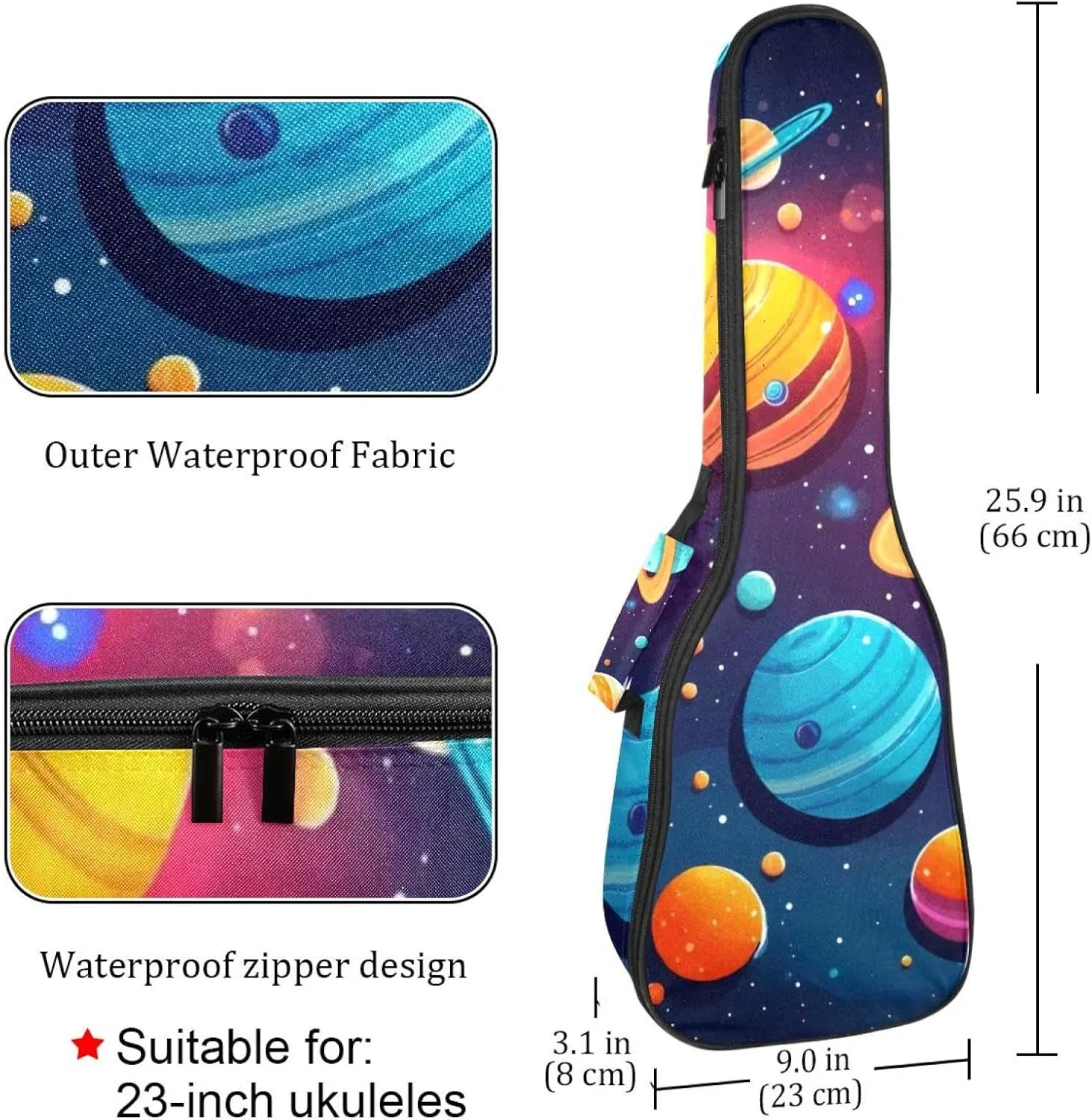 Colorful Planets Solar System Space with Stars Pattern Ukulele Case, Padded Bag for 23 Inch Concert Ukulele, Waterproof & Durable