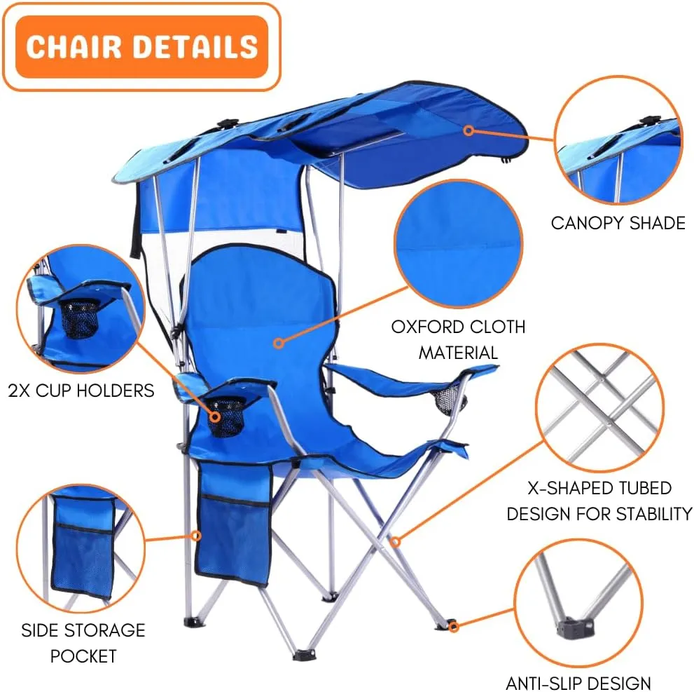 CozyBox Portable Folding Camping Chairs with Canopy Shade, Beach Chair for Adults, Durable Weather Resistant 600D Oxford Cloth, Camping Chair with Canopy for Outdoors [Blue]