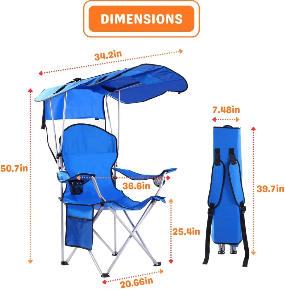 CozyBox Portable Folding Camping Chairs with Canopy Shade, Beach Chair for Adults, Durable Weather Resistant 600D Oxford Cloth, Camping Chair with Canopy for Outdoors [Blue]