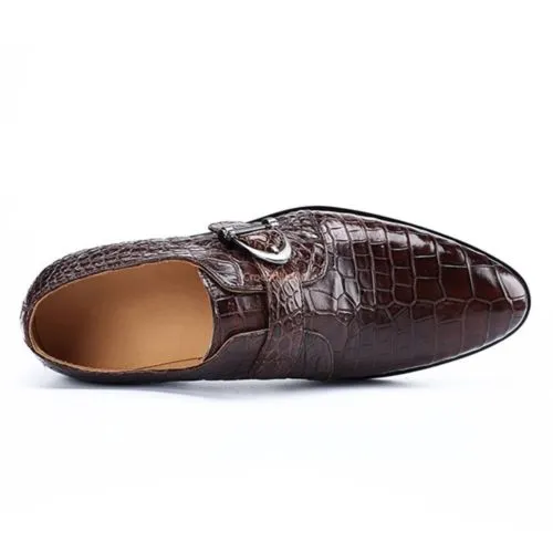 Crocodile Leather Single Monk Strap Dress Shoes Oxford Formal Business Shoes | Brown