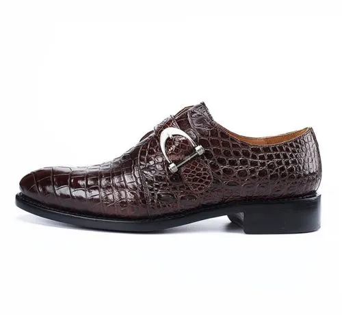 Crocodile Leather Single Monk Strap Dress Shoes Oxford Formal Business Shoes | Brown