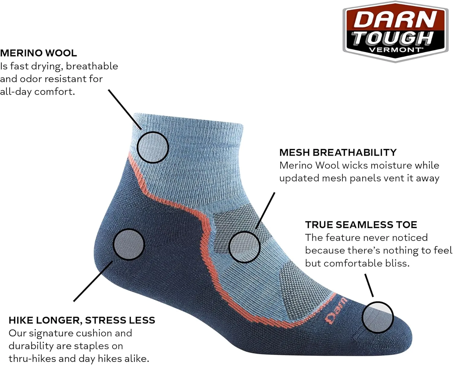 Darn Tough Vermont Light Hiker 1/4 Lightweight with Cushion