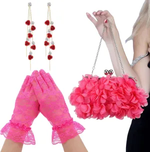 Derby Women Floral Clutch Purse Short Pink Lace Gloves Red Rose Dangle Earrings Flower Handbag Gifts Set for Wedding Birthday Horse Racing Party Prom