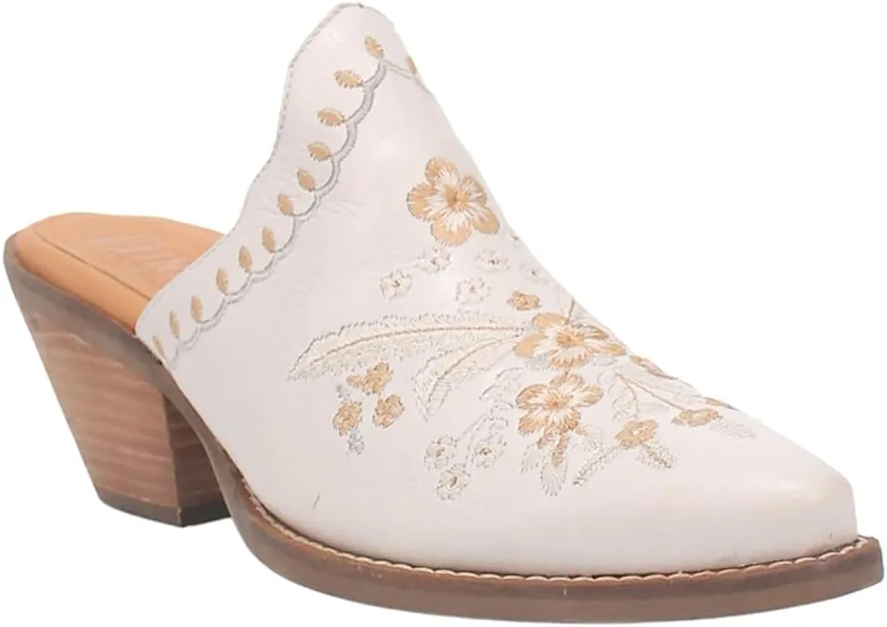 Dingo Womens Wildflower Floral Embroidered Round Toe Mule Casual Boots Mid Heel 2-3" - Off White