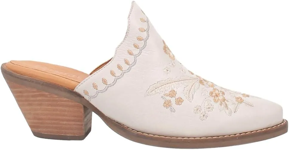 Dingo Womens Wildflower Floral Embroidered Round Toe Mule Casual Boots Mid Heel 2-3" - Off White