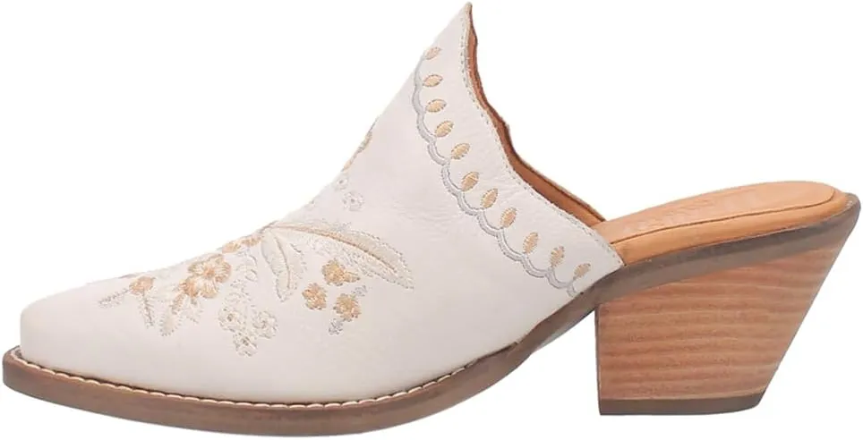 Dingo Womens Wildflower Floral Embroidered Round Toe Mule Casual Boots Mid Heel 2-3" - Off White