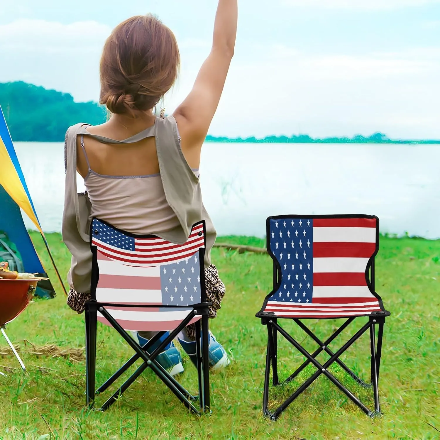 DOMIKING American USA Flag Kids' Portable Camping Chairs for Outdoor Fishing Chair with Carry Bag Folding Chair for Hiking Camping Travel