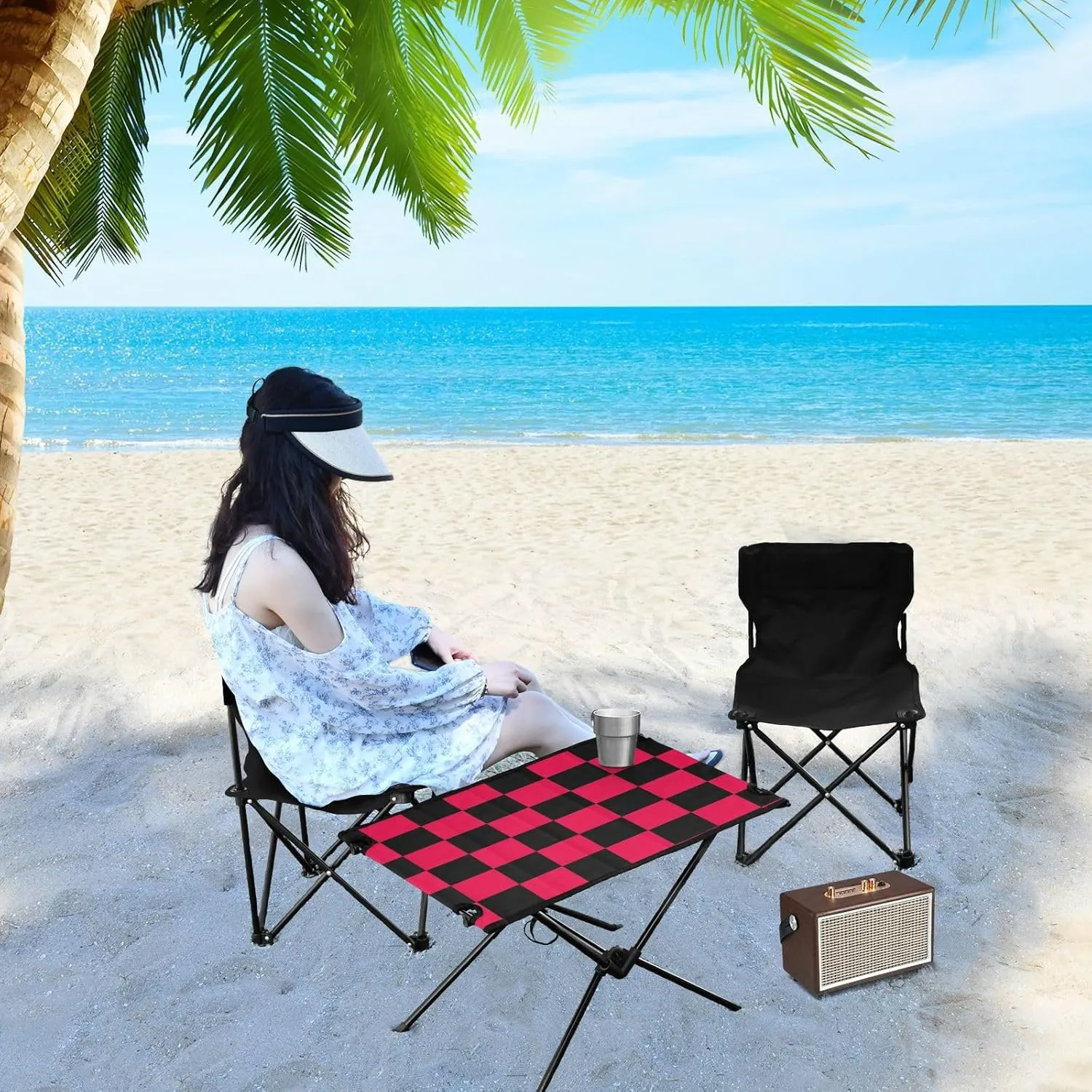 DOMIKING Checkerboard Black Red Plaid Portable Camping Table Folding Picnic Tables with Carrying Storage Bag Backpacking Table for Hike Outdoor Travel 23.6 * 15.6 * 15 in