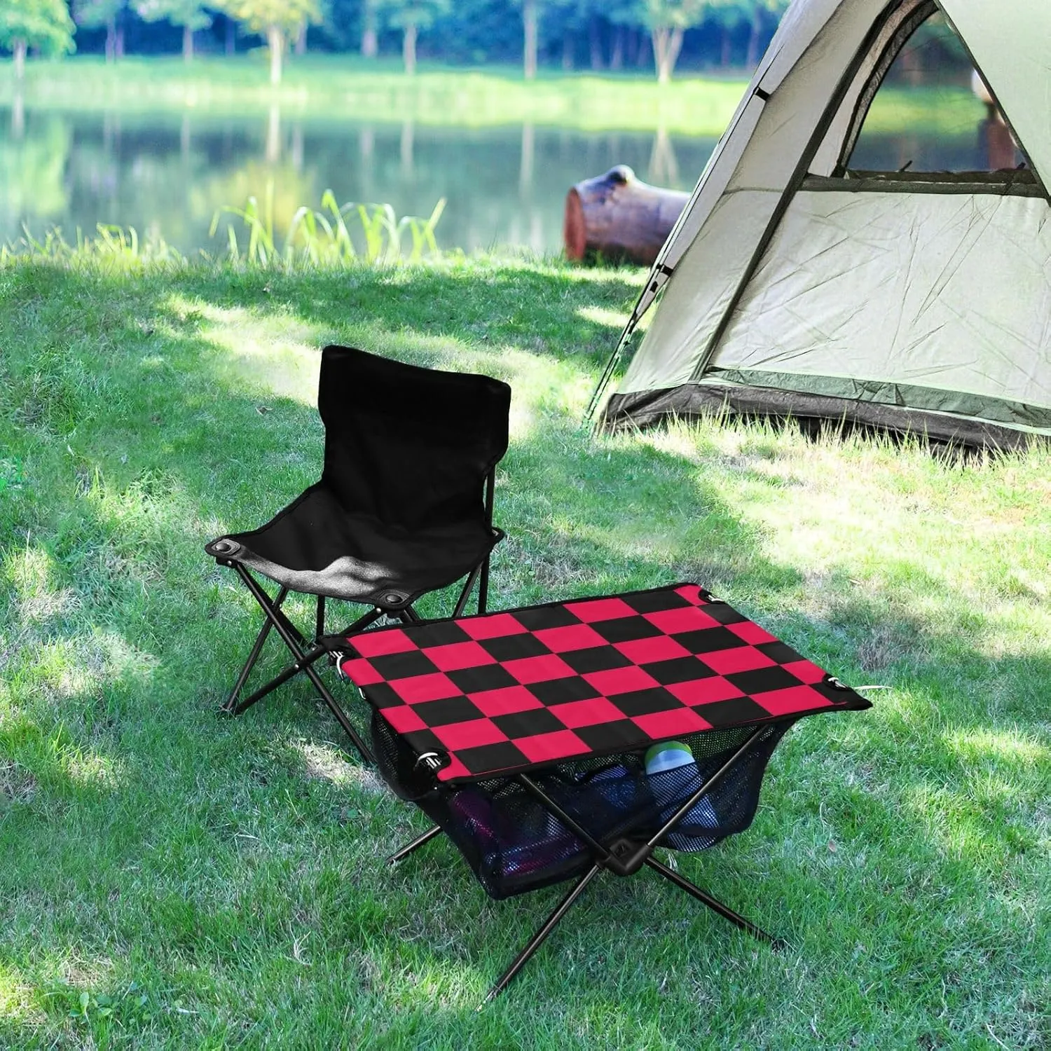 DOMIKING Checkerboard Black Red Plaid Portable Camping Table Folding Picnic Tables with Carrying Storage Bag Backpacking Table for Hike Outdoor Travel 23.6 * 15.6 * 15 in