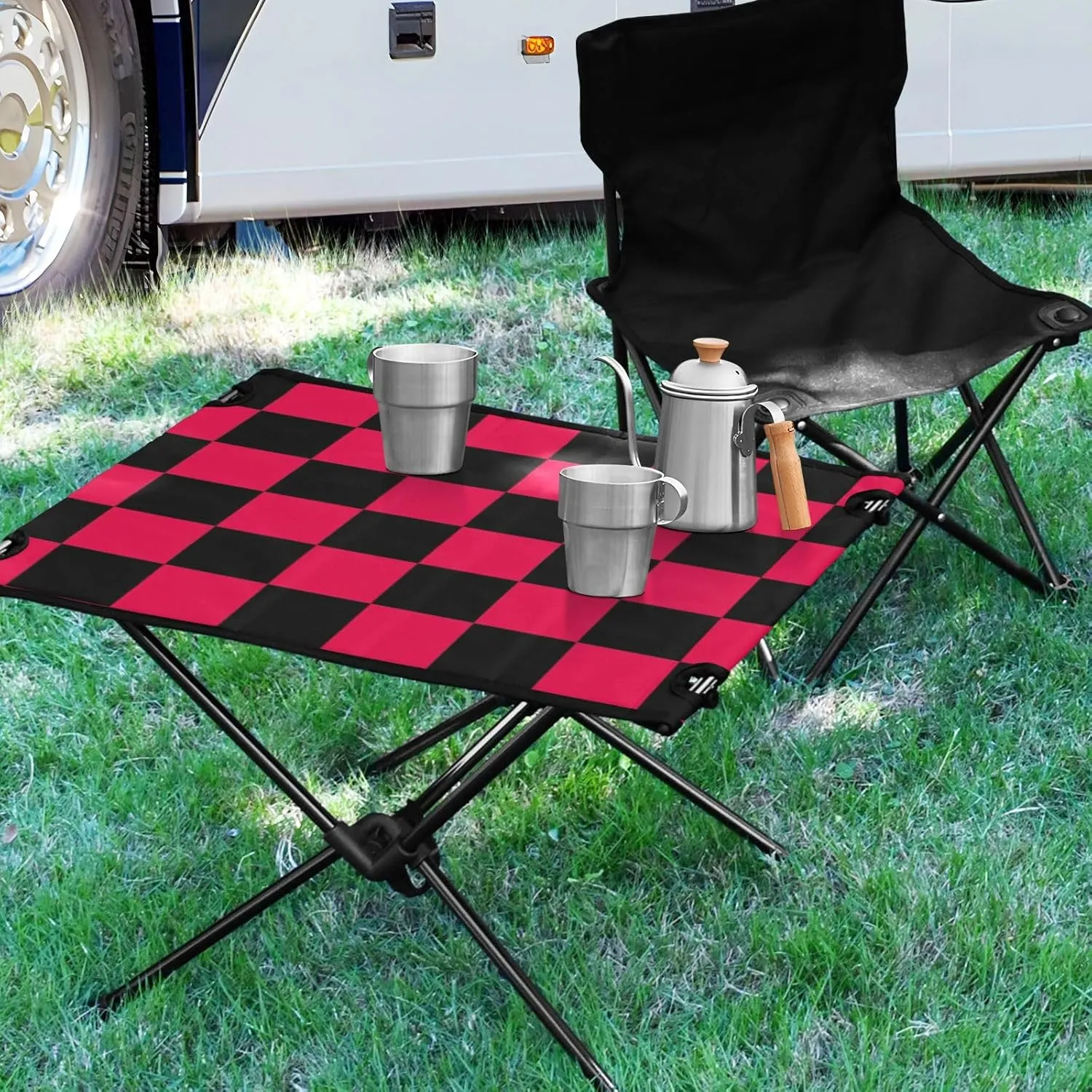 DOMIKING Checkerboard Black Red Plaid Portable Camping Table Folding Picnic Tables with Carrying Storage Bag Backpacking Table for Hike Outdoor Travel 23.6 * 15.6 * 15 in