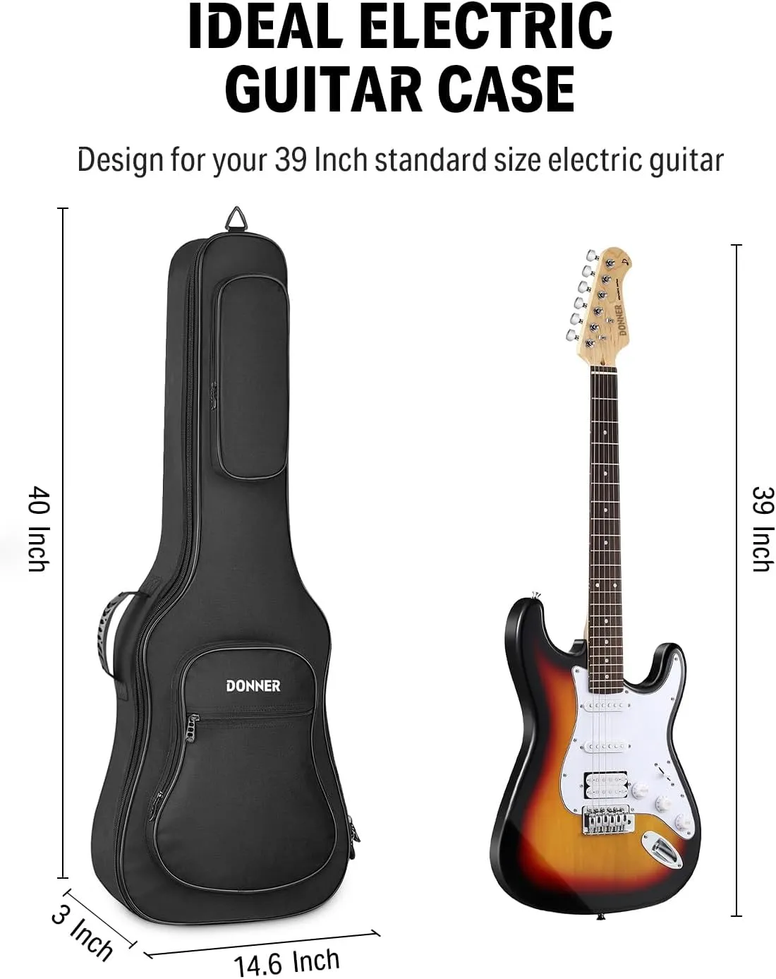 Donner 39 inch Electric Guitar Bag Gig Bag, 0.4 Inch Padded Sponge 600D Ripstop Waterproof Nylon Dustproof Soft Electric Guitar Case Adjustable Strap Black