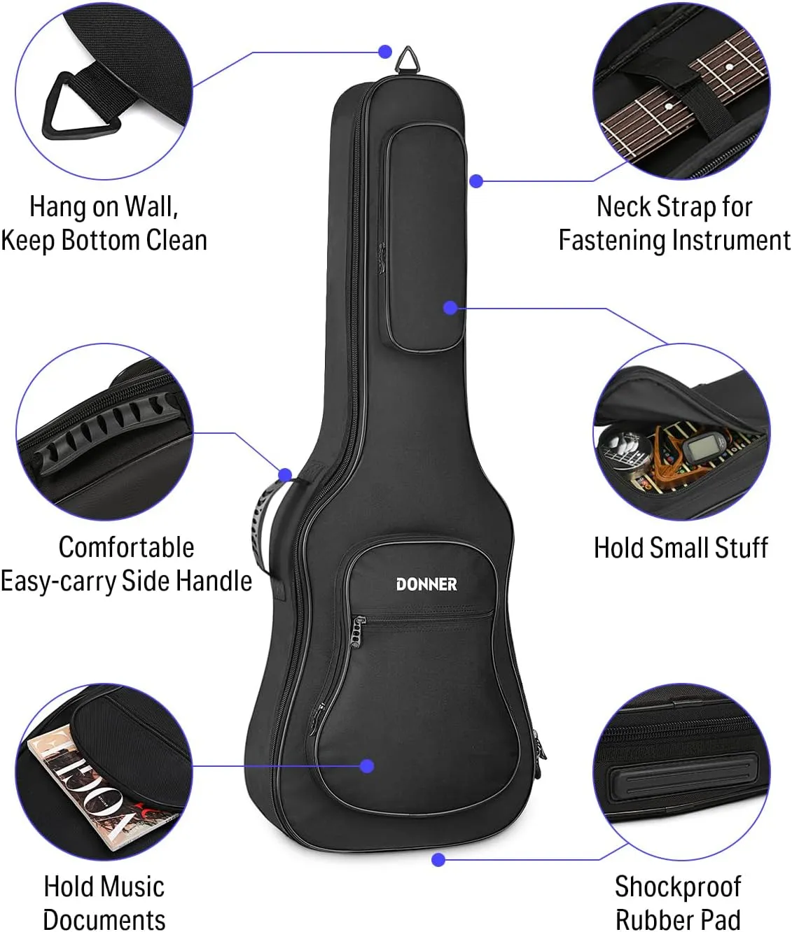Donner 39 inch Electric Guitar Bag Gig Bag, 0.4 Inch Padded Sponge 600D Ripstop Waterproof Nylon Dustproof Soft Electric Guitar Case Adjustable Strap Black