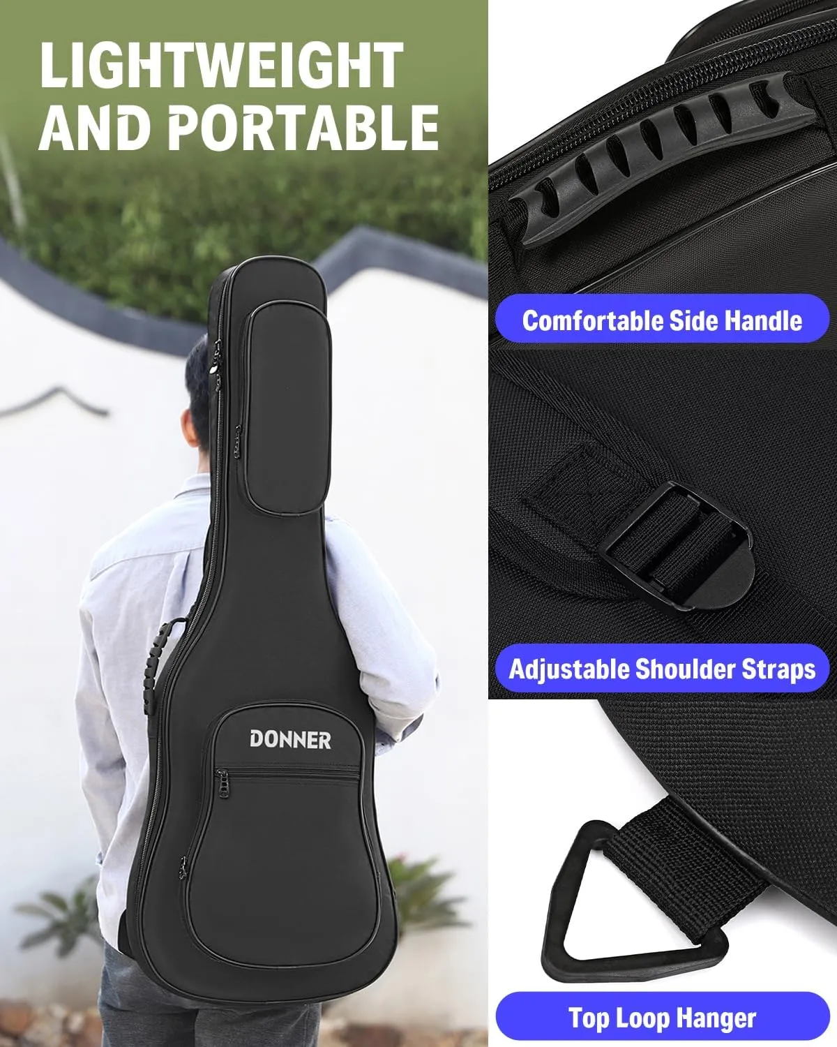 Donner 39 inch Electric Guitar Bag Gig Bag, 0.4 Inch Padded Sponge 600D Ripstop Waterproof Nylon Dustproof Soft Electric Guitar Case Adjustable Strap Black