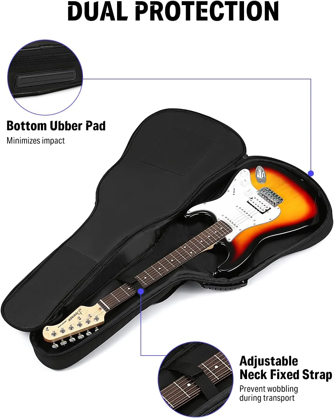 Donner 39 inch Electric Guitar Bag Gig Bag, 0.4 Inch Padded Sponge 600D Ripstop Waterproof Nylon Dustproof Soft Electric Guitar Case Adjustable Strap Black