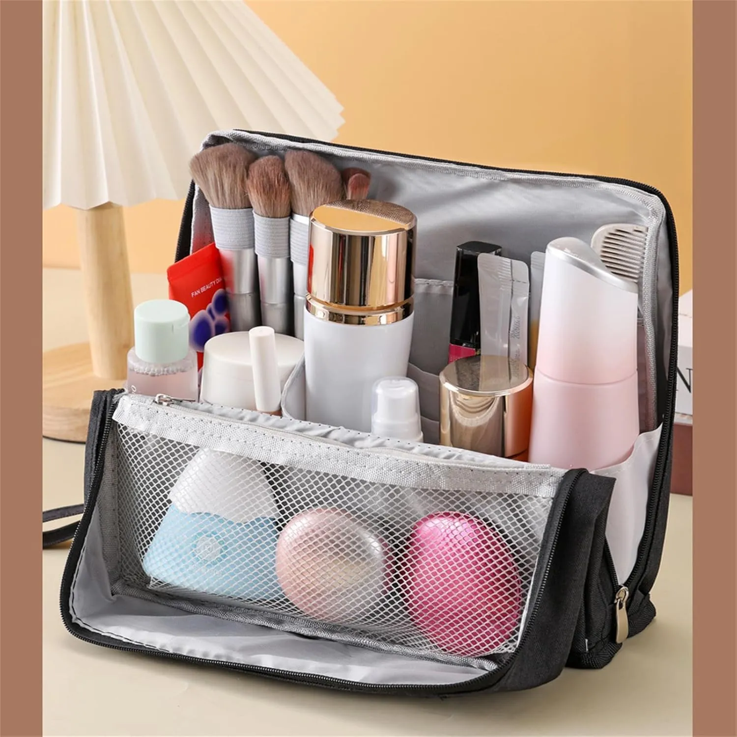 Doresty Makeup Bag, Standing Makeup Bag, Portable Large Capacity, Stand Up Make Up Bag with Mirror, Waterproof Oxford Cloth Cosmetic Organizer with Compartments, for Women & Girls (Grey)