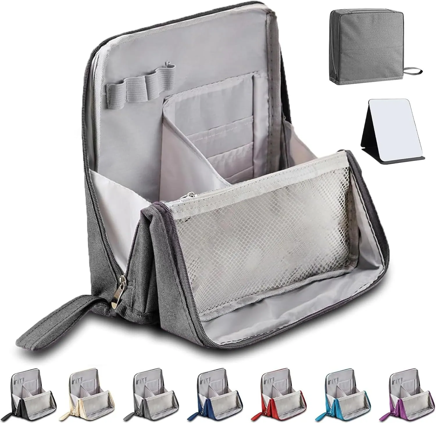 Doresty Makeup Bag, Standing Makeup Bag, Portable Large Capacity, Stand Up Make Up Bag with Mirror, Waterproof Oxford Cloth Cosmetic Organizer with Compartments, for Women & Girls (Grey)