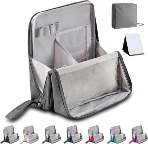 Doresty Makeup Bag, Standing Makeup Bag, Portable Large Capacity, Stand Up Make Up Bag with Mirror, Waterproof Oxford Cloth Cosmetic Organizer with Compartments, for Women & Girls (Grey)
