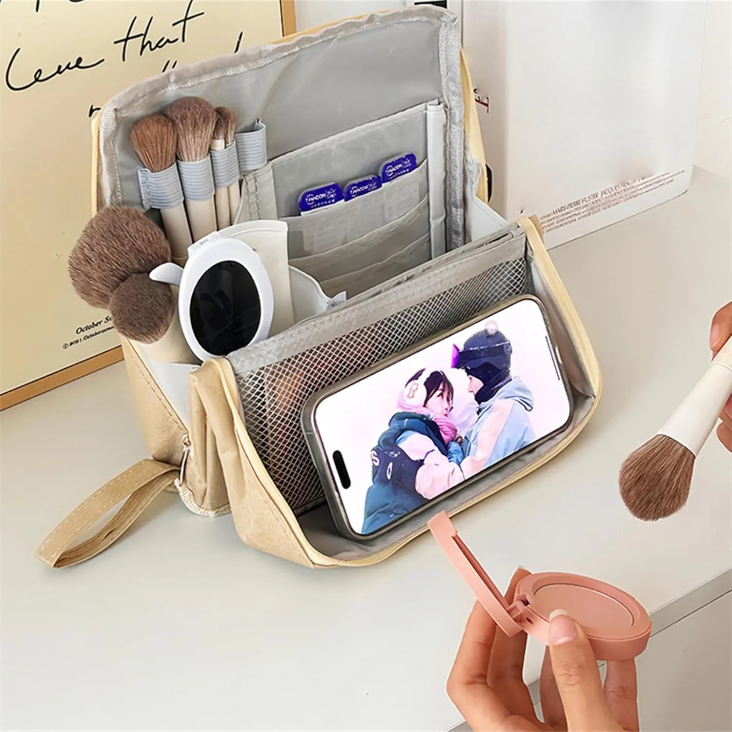 Doresty Makeup Bag, Standing Makeup Bag, Portable Large Capacity, Stand Up Make Up Bag with Mirror, Waterproof Oxford Cloth Cosmetic Organizer with Compartments, for Women & Girls (Grey)