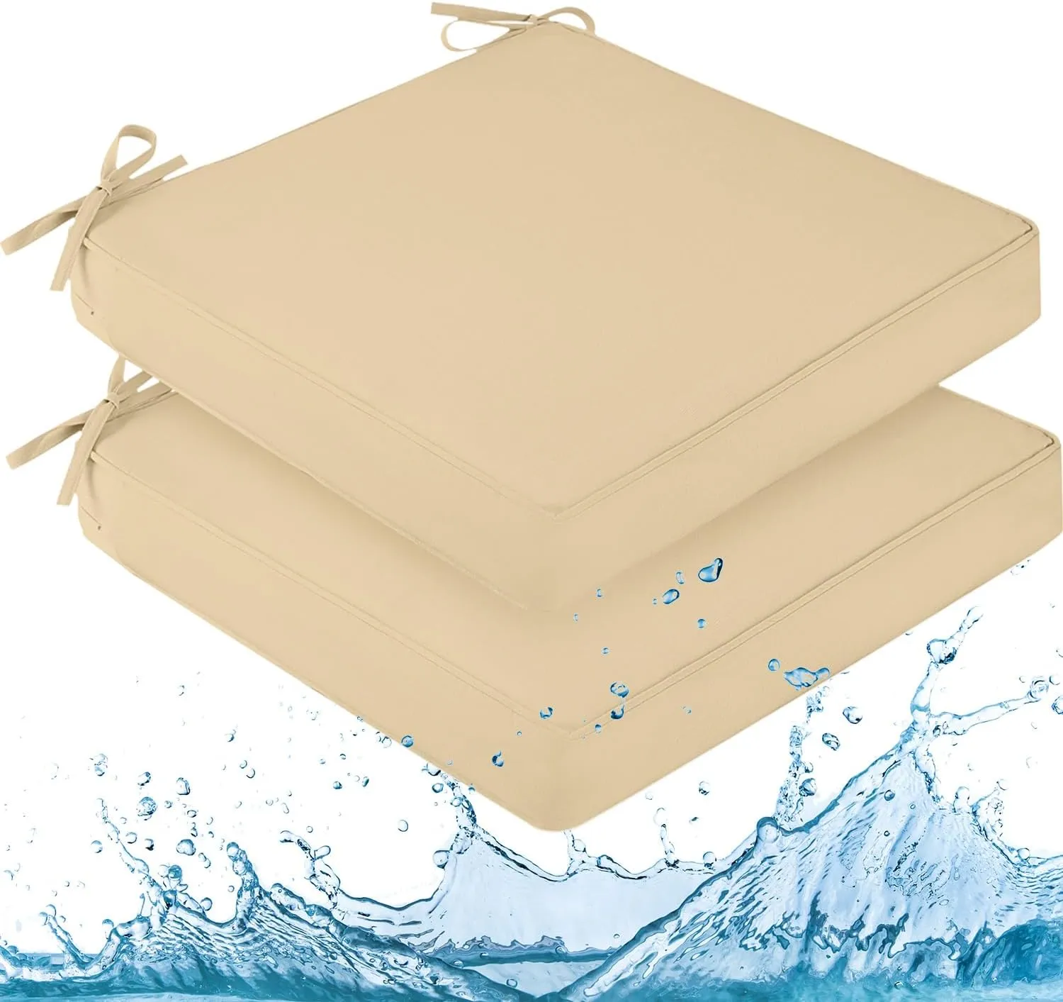 downluxe Waterproof Outdoor Chair Cushions for Patio Furniture, 18" x 18" x 2" Patio Chair Cushion with Adjustable Ties & Portable Handle, Square Outdoor Cushion with Removable Cover, Beige, 2 Pack