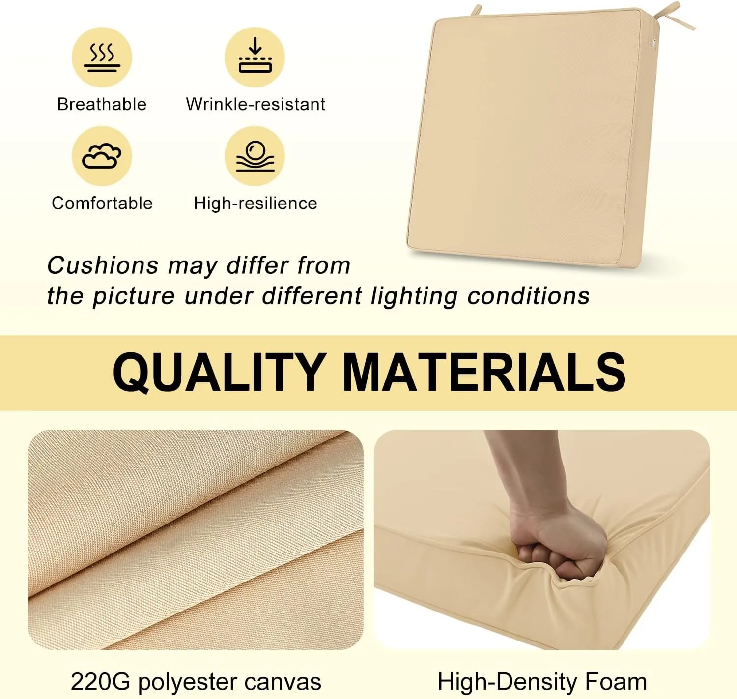 downluxe Waterproof Outdoor Chair Cushions for Patio Furniture, 18" x 18" x 2" Patio Chair Cushion with Adjustable Ties & Portable Handle, Square Outdoor Cushion with Removable Cover, Beige, 2 Pack