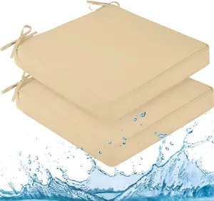 downluxe Waterproof Outdoor Chair Cushions for Patio Furniture, 18" x 18" x 2" Patio Chair Cushion with Adjustable Ties & Portable Handle, Square Outdoor Cushion with Removable Cover, Beige, 2 Pack