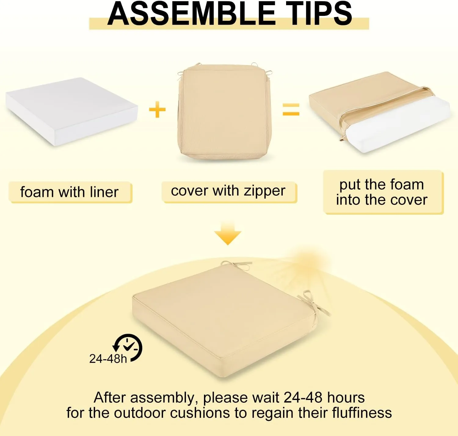 downluxe Waterproof Outdoor Chair Cushions for Patio Furniture, 18" x 18" x 2" Patio Chair Cushion with Adjustable Ties & Portable Handle, Square Outdoor Cushion with Removable Cover, Beige, 2 Pack