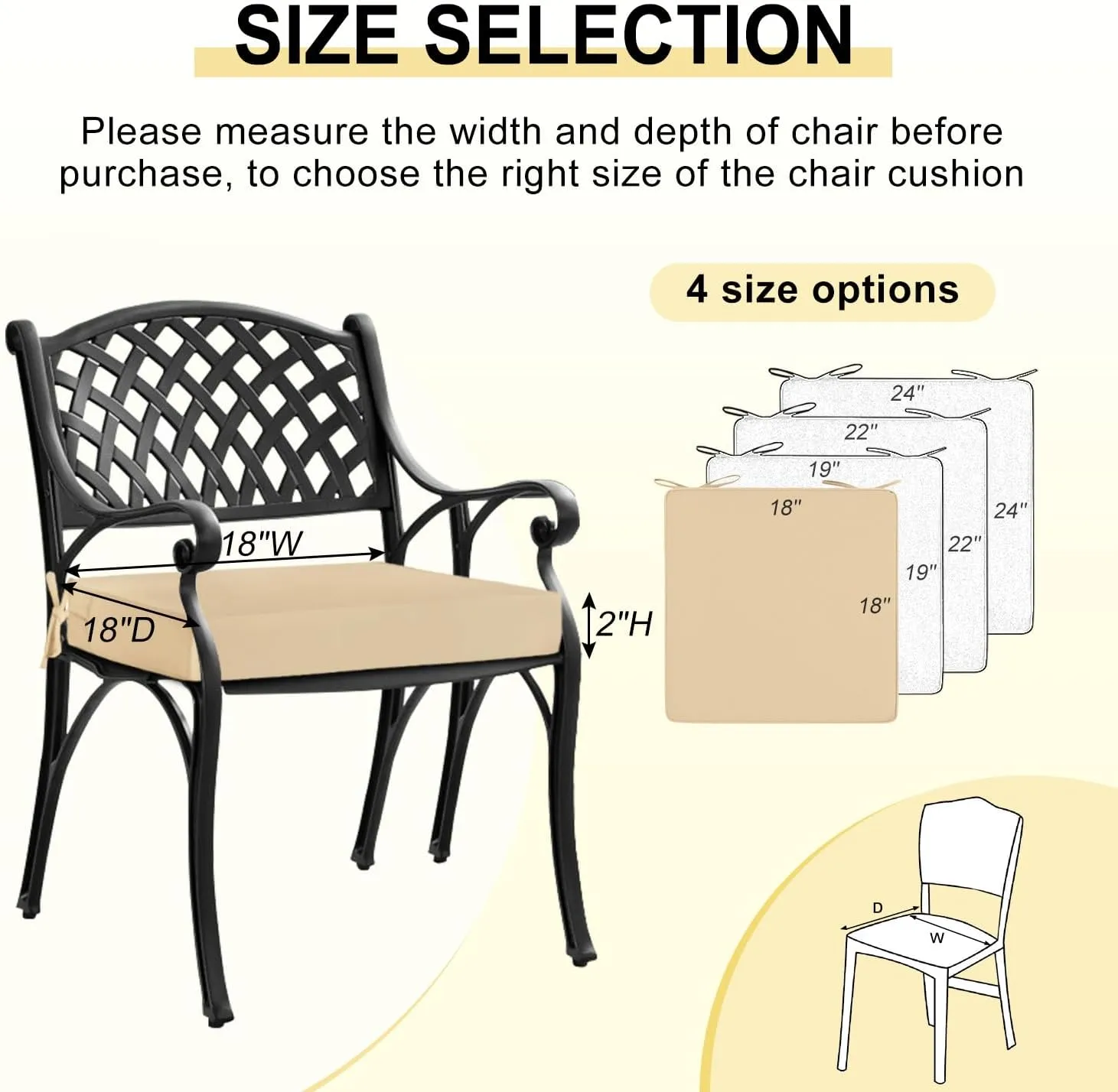downluxe Waterproof Outdoor Chair Cushions for Patio Furniture, 18" x 18" x 2" Patio Chair Cushion with Adjustable Ties & Portable Handle, Square Outdoor Cushion with Removable Cover, Beige, 2 Pack