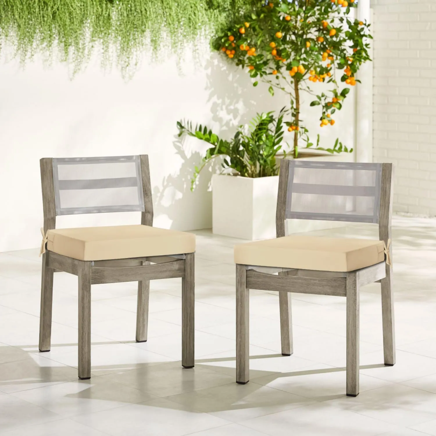 downluxe Waterproof Outdoor Chair Cushions for Patio Furniture, 18" x 18" x 2" Patio Chair Cushion with Adjustable Ties & Portable Handle, Square Outdoor Cushion with Removable Cover, Beige, 2 Pack